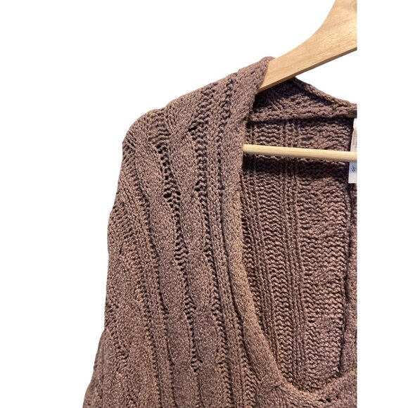 Free People Easy Cable V Neck Sweater Mocha Size L Boho Oversized Winter Neutral - Picture 10 of 14
